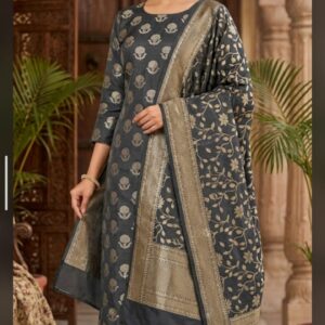 Charcoal Grey Woven Banarasi Silk Kurta Set with Zari Dupatta